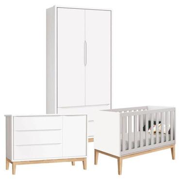 Imagem de Quarto De Bebê Classic 2 Portas Cômoda Com Porta Branco Com Pés Madeira Natural - Reller