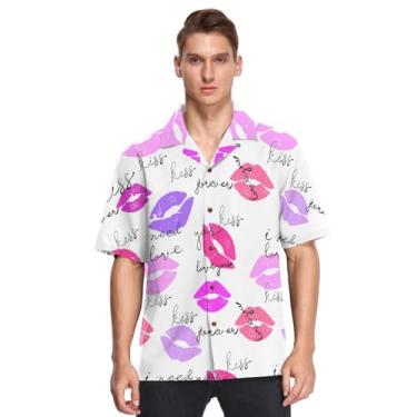Imagem de GuoChe Camisa masculina havaiana manga curta abotoada dia dos namorados lábios quentes beijos rosa roxo camisas formais manga corta para, Valentines Hot Lips Kisses Rosa Roxo, 3G