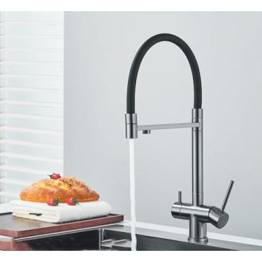 Imagem de Torneira com filtro de água de cozinha, ouro escovado, bico duplo, misturador de água potável pura, rotação, purificação de água, cinza b