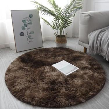 Imagem de Círculo redondo shaggy tapete sala de estar quarto tapete decoração casa peludo jogar tapete, marrom, 40cm