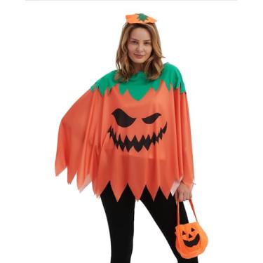 Imagem de Funny Adult Halloween Costumes 2024 - Plus Size Pumpkin Costume Set for Women, Poncho With Headband and Candy Bag, Cosplay Outfit for Mom Teacher Family