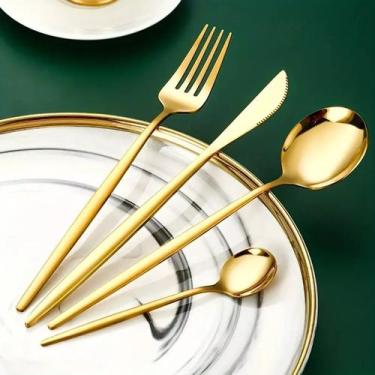 Imagem de Jogo De Talheres P Aparelho De Jantar Faqueiro Inox Dourado Rosê Doura