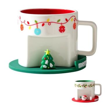 Imagem de Caneca de 400 ml, xícara de cerâmica de Papai Noel com porta-copos de silicone 3D, seguro para micro-ondas para bebidas quentes e frias, escolha perfeita de aniversário e Natal para crianças, amigos,