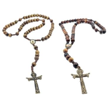 Imagem de Terço de Madeira com Contas 8mm Crucifixo Santo Sudário Medalha Entremeio Ouro Envelhecido (Medalha São Miguel e N Sra. Aparecida)