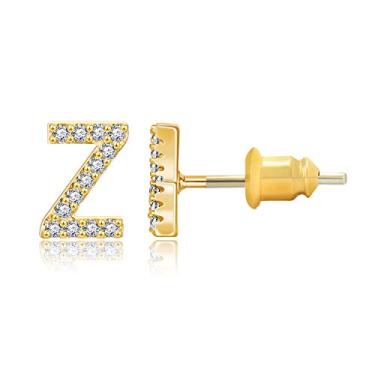 Imagem de Brincos com inicial folheados a ouro 14 K zircônia cúbica brincos de letras pequenas personalizados brincos de pino CZ pequeno para mulheres e meninas Dourado