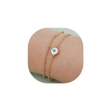 Imagem de SXXGW 2 pulseiras femininas com olho turco em camadas folheadas a ouro 14K para meninas, adjustable, Aço inoxidável, Sem pedras preciosas