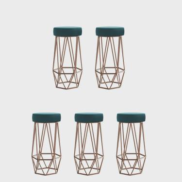 Imagem de Kit 05 Banqueta Com Encosto Mhara Hexágono Cozinha Bar Ferro Bronze Suede Azul Turquesa - Ahz Móveis