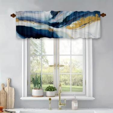 Imagem de Cortinas curtas de tratamento de janelas de mármore azul-petróleo douradas, cortinas blackout com bolso para varão, painel para banheiro, quarto, sala de estar, 137 x 45 cm