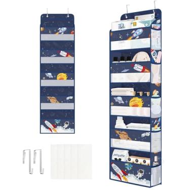 Imagem de Clastyle Blue Space Organizador infantil sobre a porta com 5 bolsos grandes foguete organizador de armazenamento para berçário, fraldas, brinquedo, planeta, armário, prateleira, armazenamento para