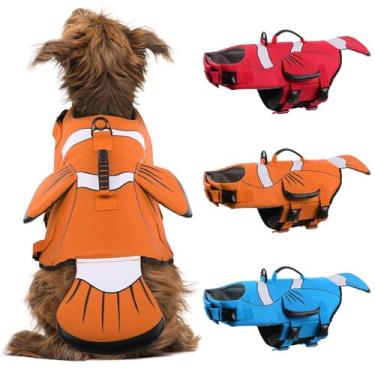 Imagem de DENTRUN Colete salva-vidas para cães, colete de segurança para natação, casaco ajustável para filhotes, piscina, lago flutua, alta visibilidade, alça superior de flutuação e resgate, colete aquático