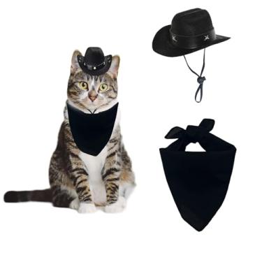 Imagem de AWOCAN 2 peças de chapéu de cowboy para cães e gatos com bandana cachecol mini chapéu de cowboy para cães, gatos, férias, Halloween, decoração de festa para animais de estimação (preto-estilo1