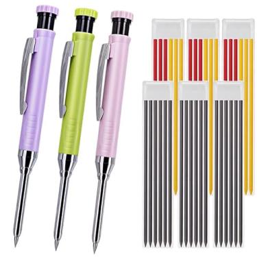 Imagem de JOMPENS Kit profissional de marcação com 3 canetas – 36 pontas + apontadores integrados – ponta profunda, design de nariz longo – ideal para carpinteiros, marceneiros, uso industrial (pó verde roxo)