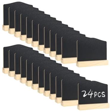 Imagem de 24 placas de quadro negro com suporte, placas de madeira para quadro de mensagens de 7,6 x 10 cm, etiquetas de alimentos para buffet de festa, pequenos quadros-negros para números de mesa, quadro de