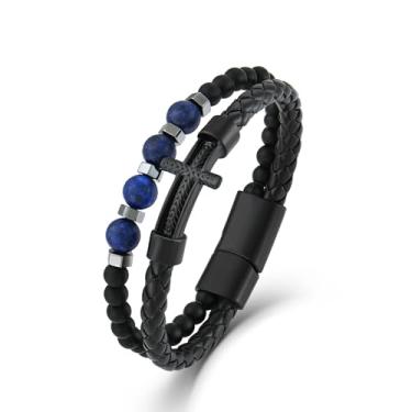 Imagem de FYNSBLE Pulseira masculina preta cruzada, cruz cristã, olho de tigre natural, turquesa, lápis-lazúli/obsidiana cinza, pulseira de couro trançado para homens, pai, com fecho de aço inoxidável, 8.66 IN