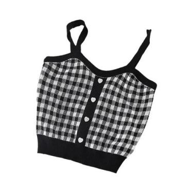 Imagem de Top Cropped De Malha Xadrez Azul Para Mulheres, Camisola De Verão Fofa