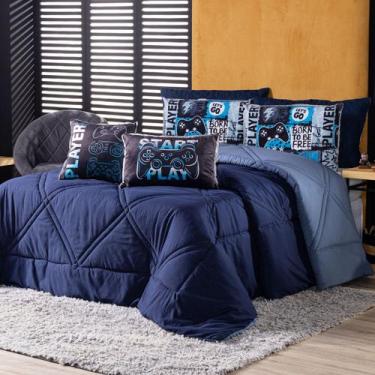 Imagem de Kit Edredom SOLTEIRO Best Player Azul Marinho com Almofadas Estampadas