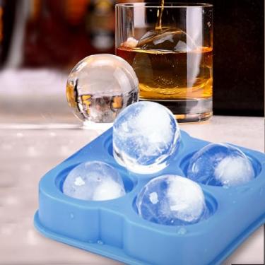 Imagem de Bandeja de molde de bola de gelo com 4 cavidades para uso no freezer, máquina de gelo, uísque, coquetéis, bebidas em casa, bar, preparação de bebidas, azul-celeste