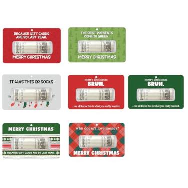 Imagem de Cartões engraçados para dinheiro de Natal – 7 designs exclusivos com estojo de plástico transparente e adesivos – Perfeito para dar de presente e pendurar na árvore – Porta-dinheiro para presentes em