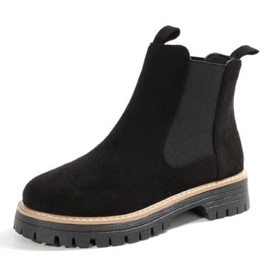 Imagem de BANGTEUO Botas Chelsea grossas femininas de camurça, confortável, plataforma elástica, sem cadarço, salto baixo para todas as estações, trabalho, botas de cano curto estilo clássico, Preto, 37