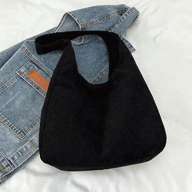 Imagem de Bolsa de veludo cotelê moderna, bolsa casual de cor sólida, bolsa de ombro grande feminina para trabalho e uso diário, preta