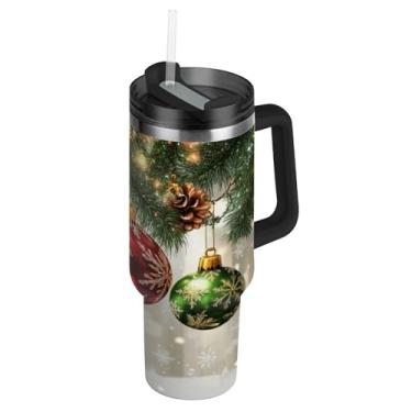 Imagem de Blueangle Copo de bolas de Natal de 1,134 g com alça e tampa de palha, caneca de viagem de aço inoxidável isolada a vácuo de parede dupla, garrafa de água reutilizável para academia de escritório ao