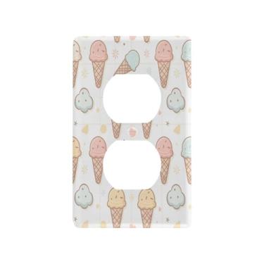 Imagem de Blueangle Placa de parede de tomada dupla com padrão de sorvete, tamanho padrão, placas de cobertura de tomada elétrica de 1 gangue para decoração de quarto de escritório em casa, 4,53 x 2,76