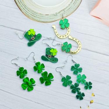 Imagem de 4 pares de brincos elegantes do dia de São Patrício, brincos pendentes de acrílico verde, trevos, chapéus de trevo e ferradura, acessórios femininos para festivais irlandeses