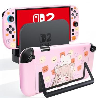 Imagem de QUBAMG Linda capa protetora rosa para Switch 2, capa fina rígida compatível com console Switch 2 e controles Joy-Con, acessórios de proteção de pele com aderência ergonômica e à prova de choque