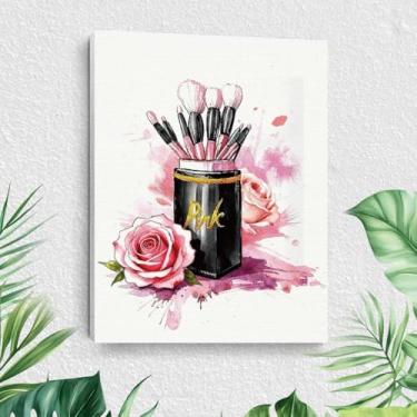 Imagem de Pincéis de maquiagem da moda, arte de parede em tela, pincel de maquiagem rosa aquarela e pinturas de arte emolduradas de rosa, estampa de material estético descolado, imagem para banheiro, quarto