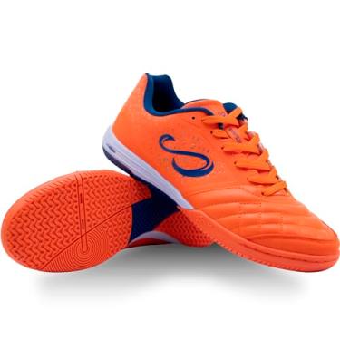 Imagem de SENDA Ushuaia Pro 2.0 Tênis de futebol, quadra e futsal, unissex, tamanhos adultos e jovens, Laranja/azul, 13 Women/12 Men