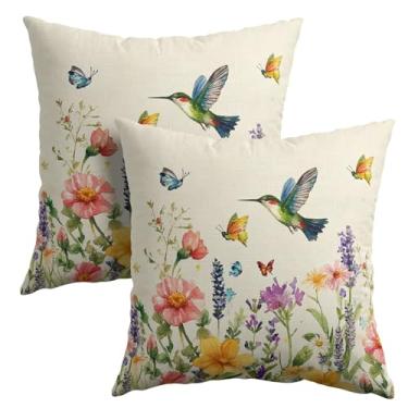 Imagem de Capas de almofada de flores em aquarela de primavera, 50 x 50 cm, conjunto de 2 fronhas de borboletas de beija-flor de primavera, algodão, linho, quadrado, primavera, verão, para casa, sofá, pátio