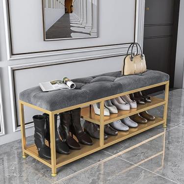 Imagem de Moderno banco de sapateira com base de metal, sapateira com assento acolchoado, banco de entrada organizador de sapatos, banco de armazenamento de sapatos de 2 níveis com armazenamento de botas para