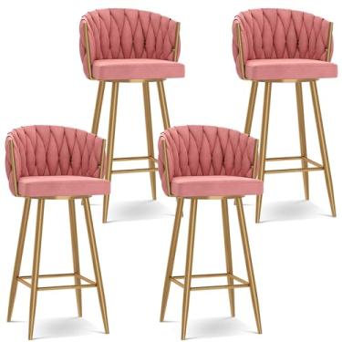 Imagem de Banquetas de bar giratórias modernas de 360°, cadeiras de cozinha estofadas de altura de bar com pernas de aço e apoio para os pés, perna dourada rosa, 4 peças