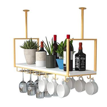 Imagem de Rack de vinho suspenso com suporte e prateleira de vidro, barra de teto de metal, prateleiras de madeira de camada única para decoração de cozinha doméstica rack de exibição (cor: suporte dourado