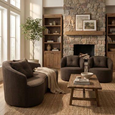 Imagem de Kit de 01 Sofá Orgânico Curvo Feijão + 02 Poltronas Confortável Sala Estúdio Amore Bouclê Marrom - Montanari`s Decor