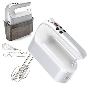 Imagem de Yomelo Misturador manual digital de 9 velocidades, motor CC potente de 400 W, batedeira portátil com estojo de armazenamento de encaixe, botão de toque, turbo boost, ganchos de massa, batedor (branco prateado)