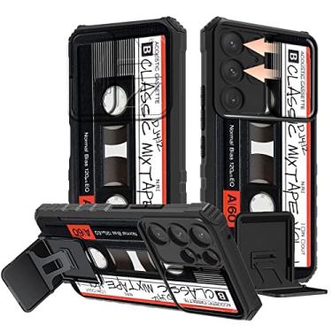 Imagem de Rossy Capa para Samsung Galaxy S23 Ultra, capa para celular Galaxy S23 Ultra 2023 com suporte para câmera deslizante capa protetora híbrida de camada dupla à prova de choque para Samsung S23 Ultra, cassete de áudio retrô