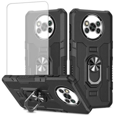 Imagem de Ueokeird Capa para Poco X3 NFC/Poco X3 Pro/Poco X3, Capa M2007J20CG com protetor de tela de vidro temperado, anel de metal resistente, suporte magnético para celular Xiaomi Poco X3 NFC, preta