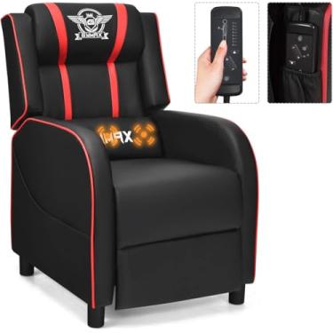 Imagem de HOMGX Cadeira reclinável para jogos, cadeira ergonômica para computador com função de massagem e almofada, estilo de corrida moderno, sofá individual com apoio para os pés, sofá reclinável ajustável