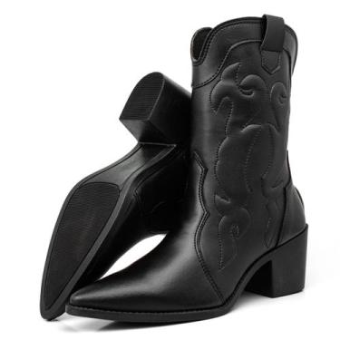 Imagem de Bota Botina Feminina Texana Country Rodeio Couro Legítimo Preto Cano A