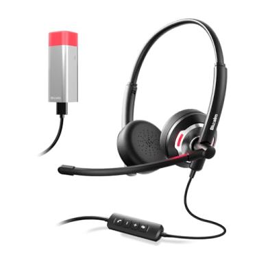 Imagem de Blucalm Fone de ouvido com fio com indicador Busylight, fones de ouvido com cancelamento de ruído com microfone/luz de status, fone de ouvido USB preto para computador com controle em linha para