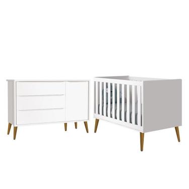 Imagem de Jogo De Quarto Infantil Theo Retrô Cômoda 1 Porta E Berço Branco Fosco Com Pés Amadeirado - Reller Móveis Branco Fosco