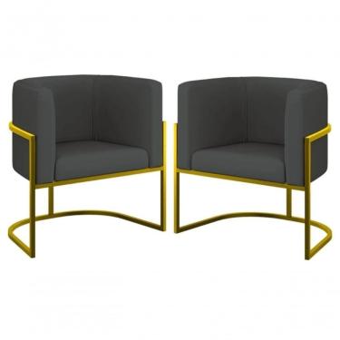 Imagem de Kit 2 Poltronas Decorativa Luxo Base De Metal Dourada Escritório Recepção Sala Suede Grafite Eli Móveis E Decoração