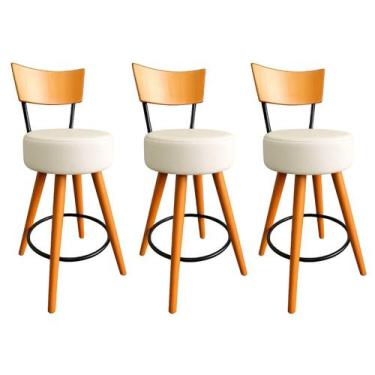 Imagem de Kit 3 Banqueta Alta Cozinha Estofada Off-White Com Encosto Madeira Urb