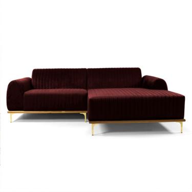 Imagem de Sofá 3 Lugares Molino com Chaise Direito Veludo Bordô e Dourado