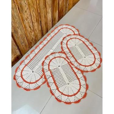 Imagem de Kit Tapete e Passadeira Cozinha Oval 3 Pçs Leque Com Listra (Laranja)