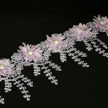 Imagem de 2 jardas flor branca pérola contas borda acabamento fita apliques florais tecido renda costura renda para casamento vestido de noiva roupas fantasia chapéu decoração (roxo, 2 jardas)