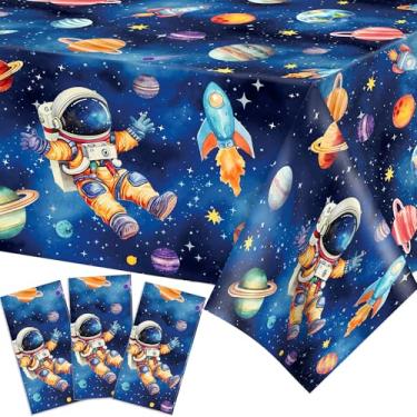 Imagem de Adirasenotek 3 peças toalha de mesa galáxia espaço festa toalha de mesa, plástico descartável, espaço sideral, decoração de aniversário de astronauta, decoração de menina menino para aniversário