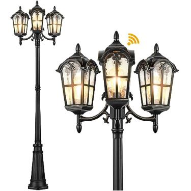 Imagem de VIANIS Luminária de poste de lâmpada externa de 3 cabeças, luz externa preta, sensor de amanhecer para poste de lâmpada, caixa de alumínio antiferrugem à prova d'água com vidro temperado, iluminação