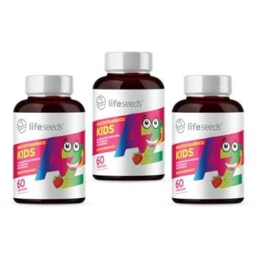 Imagem de Multivitamínico AZ Kids - Vitaminas A, D, E, K, C, B1, B2, B3, B5, B6, B7, B9, B12, Cálcio, Cromo, Ferro, Magnésio, Selênio e Zinco - Sabor Morango – 3 Potes - 180 Cápsulas Mastigáveis